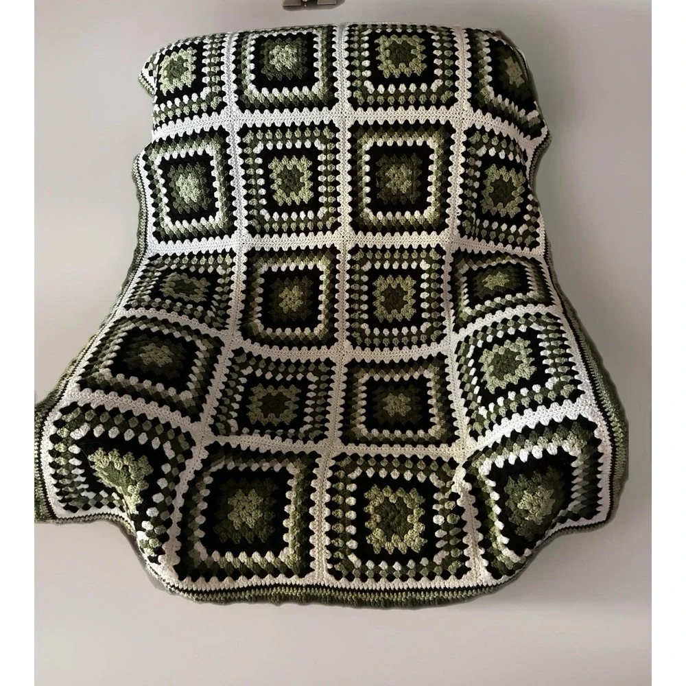 Vtg GREEN & WHITE Granny Square Afghan Throw Blanket 64 X 32 Crochet